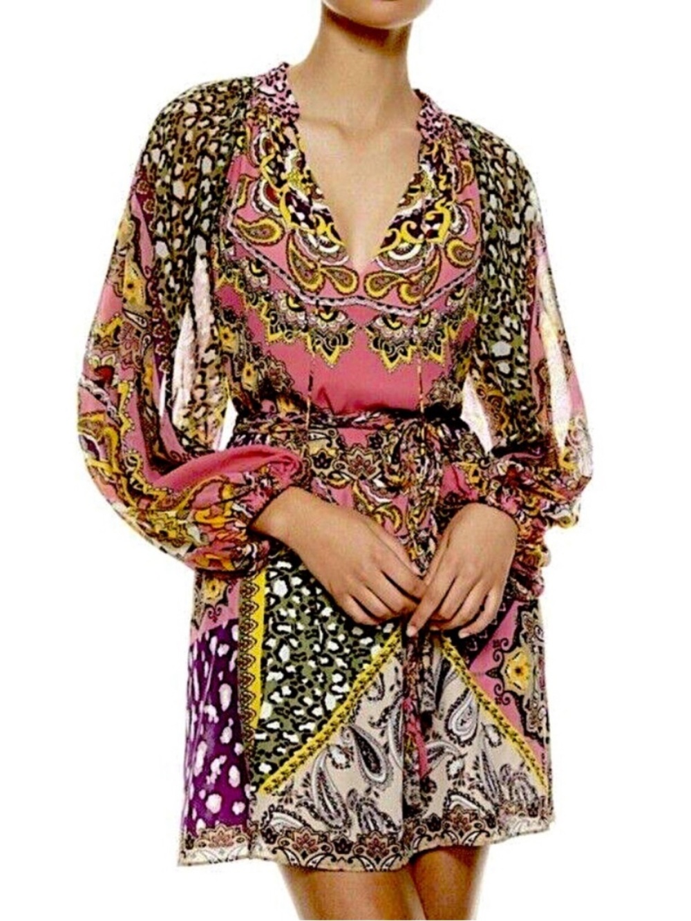Alice + Olivia Lilian Paisley Boho Tunic Dress Size 12 Belted Trapeze Swing Top